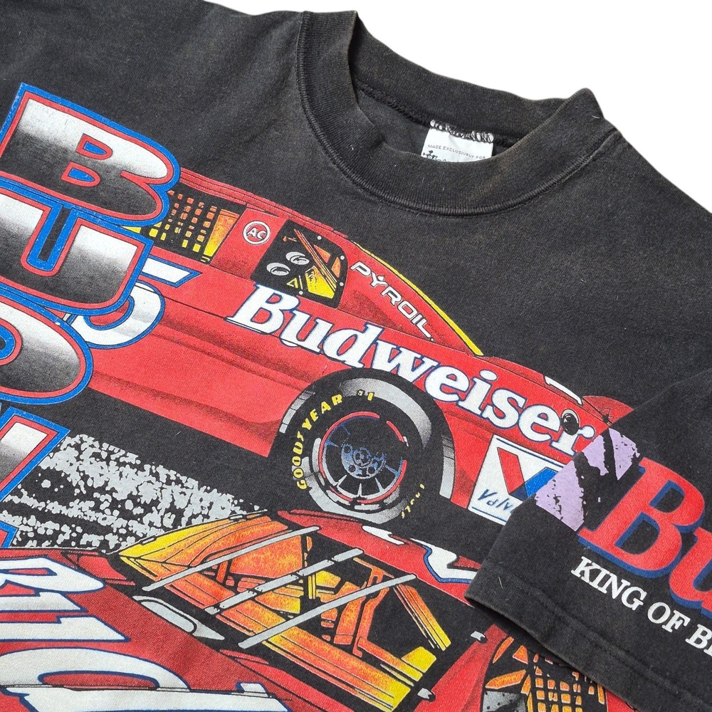 VTG Ken Schrader Men's Large AOP Budweiser NASCAR T-Shirt‎ USA